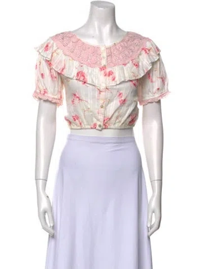 Pre-owned Loveshackfancy Floral Print Off-the-shoulder Crop Top In White