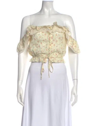 Pre-owned Loveshackfancy Floral Print Off-the-shoulder Crop Top In Yellow