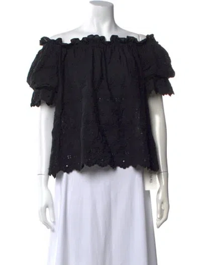 Pre-owned Loveshackfancy Floral Print Off-the-shoulder Top In Black