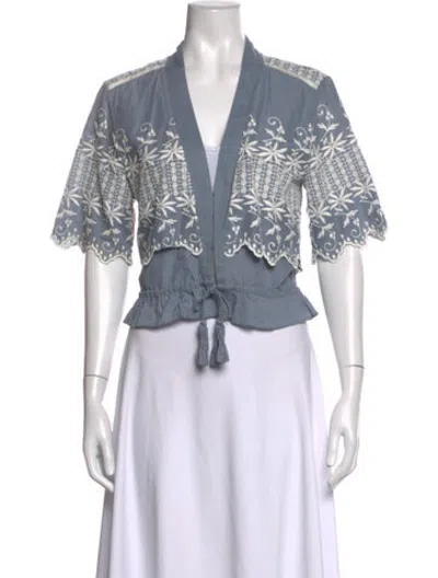 Pre-owned Loveshackfancy Floral Print Open Front Blouse In Blue