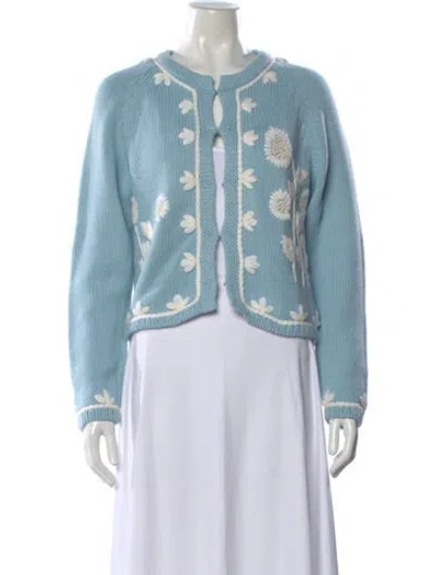 Pre-owned Loveshackfancy Floral Print Open Front Sweater In Blue