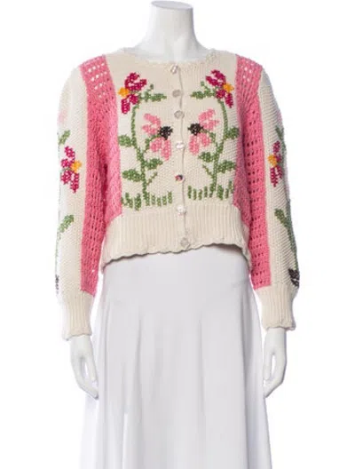 Pre-owned Loveshackfancy Floral Print Open Front Sweater In Pink