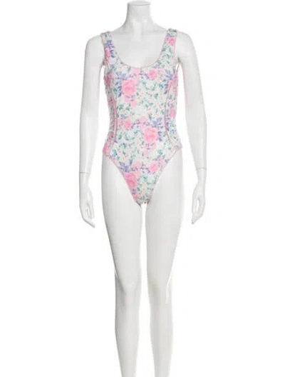 Pre-owned Loveshackfancy Floral Print Raw-edge Trim One-piece In Pink