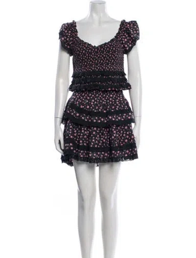 Pre-owned Loveshackfancy Floral Print Raw-edge Trim Skirt Set In Black