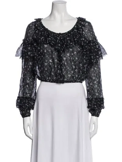 Pre-owned Loveshackfancy Floral Print Scoop Neck Blouse In Black