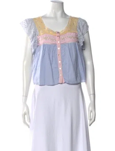 Pre-owned Loveshackfancy Floral Print Scoop Neck Blouse In Blue