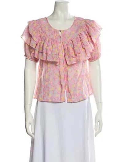Pre-owned Loveshackfancy Floral Print Scoop Neck Blouse In Pink