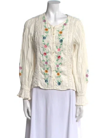Pre-owned Loveshackfancy Floral Print Scoop Neck Blouse In White