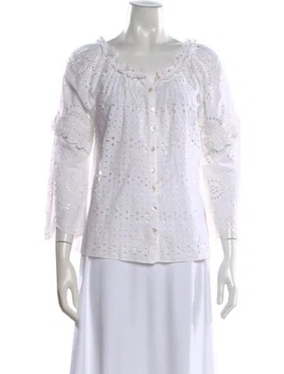 Pre-owned Loveshackfancy Floral Print Scoop Neck Blouse In White