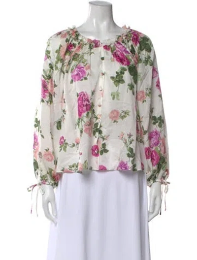 Pre-owned Loveshackfancy Floral Print Scoop Neck Blouse In White