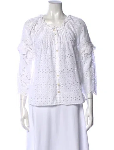 Pre-owned Loveshackfancy Floral Print Scoop Neck Blouse In White