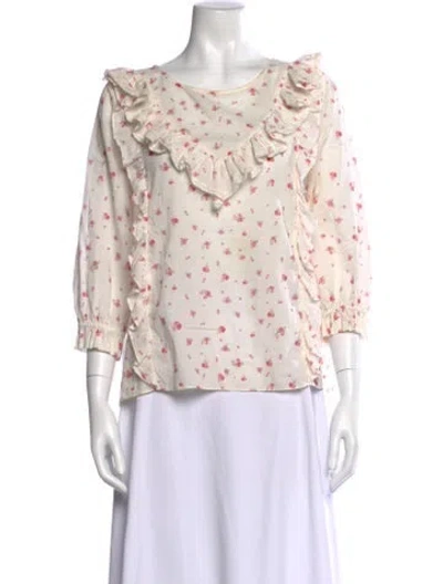 Pre-owned Loveshackfancy Floral Print Scoop Neck Blouse In White