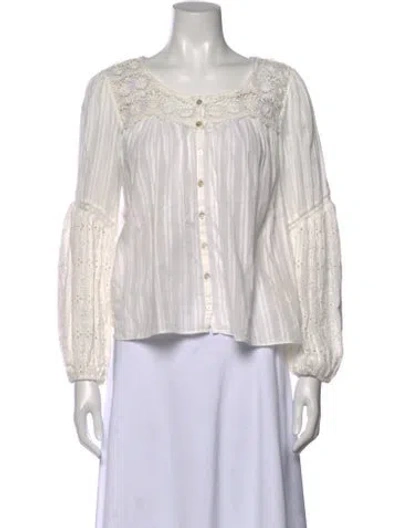 Pre-owned Loveshackfancy Floral Print Scoop Neck Blouse In White