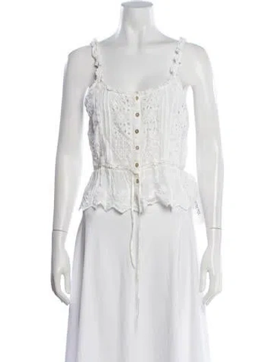 Pre-owned Loveshackfancy Floral Print Scoop Neck Blouse In White