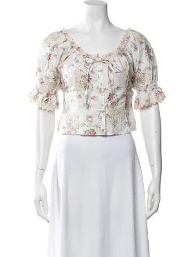 Pre-owned Loveshackfancy Floral Print Scoop Neck Blouse In White