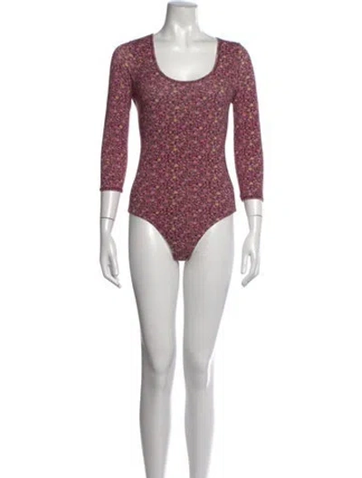 Pre-owned Loveshackfancy Floral Print Scoop Neck Bodysuit In Burgundy