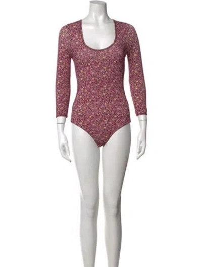 Pre-owned Loveshackfancy Floral Print Scoop Neck Bodysuit W/ Tags In Burgundy
