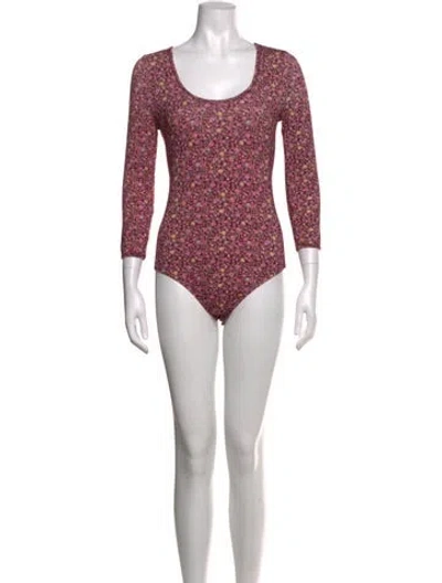 Pre-owned Loveshackfancy Floral Print Scoop Neck Bodysuit W/ Tags In Burgundy