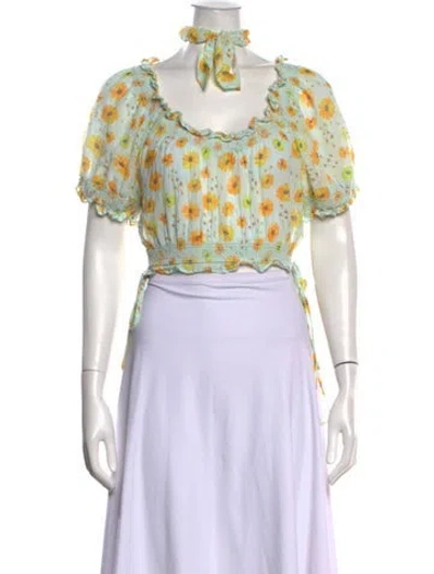 Pre-owned Loveshackfancy Floral Print Scoop Neck Crop Top In Green
