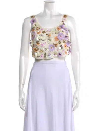Pre-owned Loveshackfancy Floral Print Scoop Neck Crop Top In Neutral