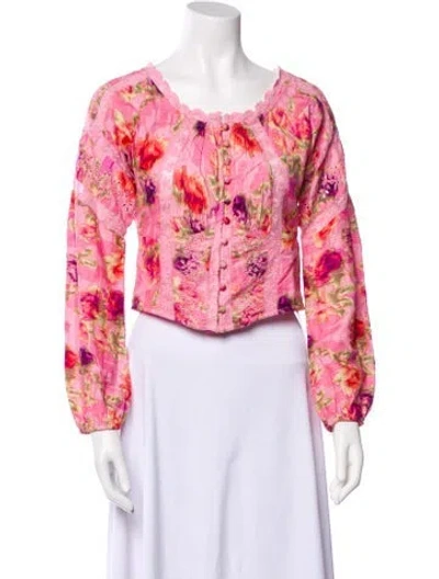 Pre-owned Loveshackfancy Floral Print Scoop Neck Crop Top In Pink