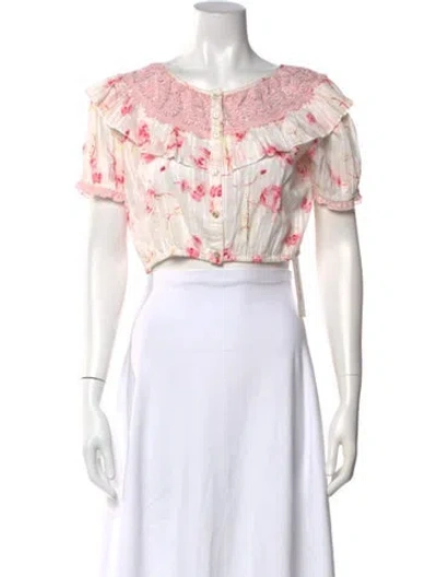 Pre-owned Loveshackfancy Floral Print Scoop Neck Crop Top In Pink