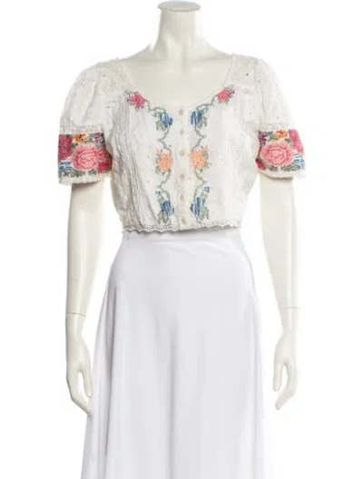 Pre-owned Loveshackfancy Floral Print Scoop Neck Crop Top In White