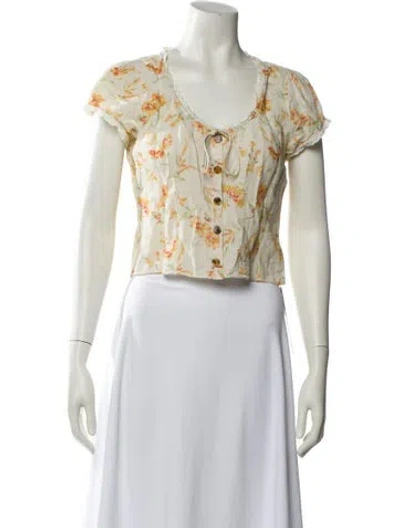 Pre-owned Loveshackfancy Floral Print Scoop Neck Crop Top In White