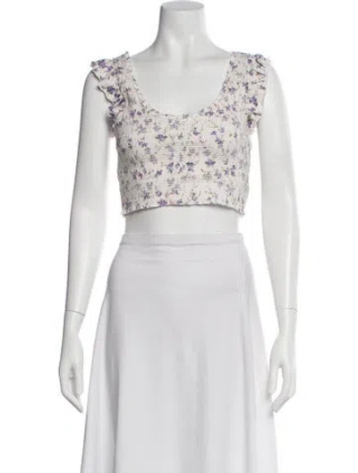 Pre-owned Loveshackfancy Floral Print Scoop Neck Crop Top In White
