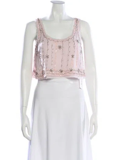 Pre-owned Loveshackfancy Floral Print Scoop Neck Crop Top In White