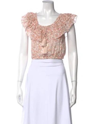 Pre-owned Loveshackfancy Floral Print Scoop Neck Crop Top In White