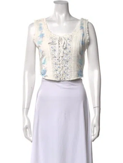 Pre-owned Loveshackfancy Floral Print Scoop Neck Crop Top In White