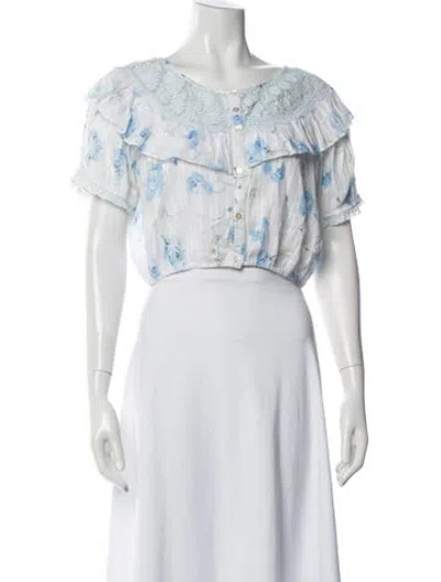 Pre-owned Loveshackfancy Floral Print Scoop Neck Crop Top In White