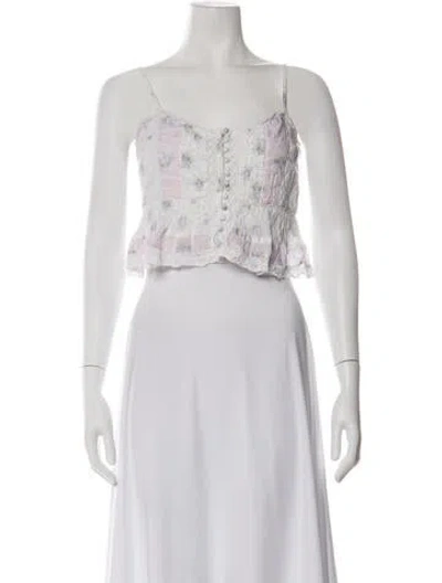 Pre-owned Loveshackfancy Floral Print Scoop Neck Crop Top In White