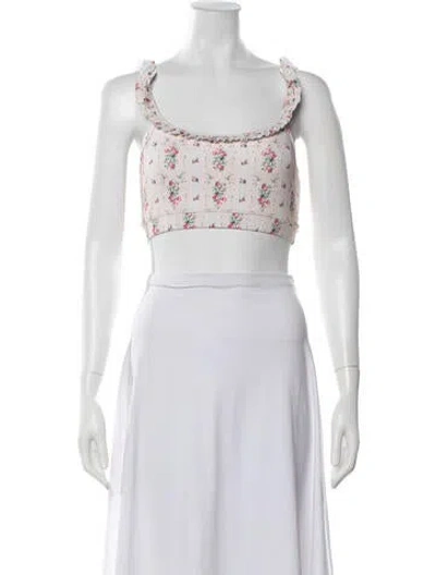 Pre-owned Loveshackfancy Floral Print Scoop Neck Crop Top In White