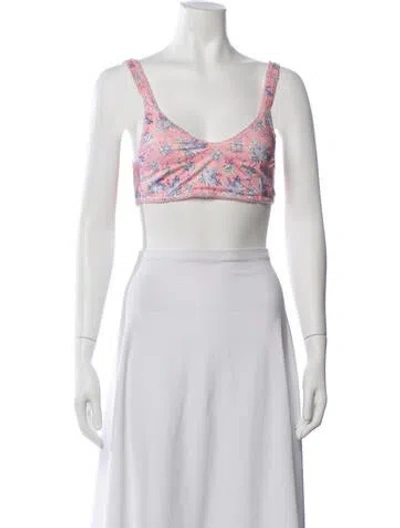 Pre-owned Loveshackfancy Floral Print Scoop Neck Sports Bra In White