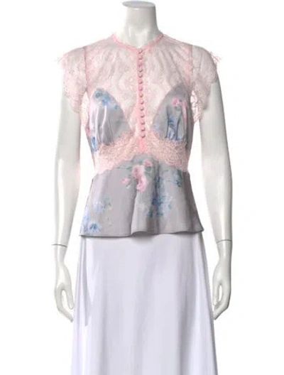 Pre-owned Loveshackfancy Floral Print Short Sleeve Blouse In Blue