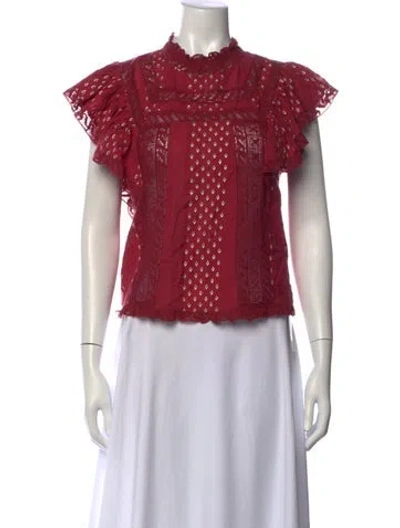 Pre-owned Loveshackfancy Floral Print Short Sleeve Blouse In Burgundy