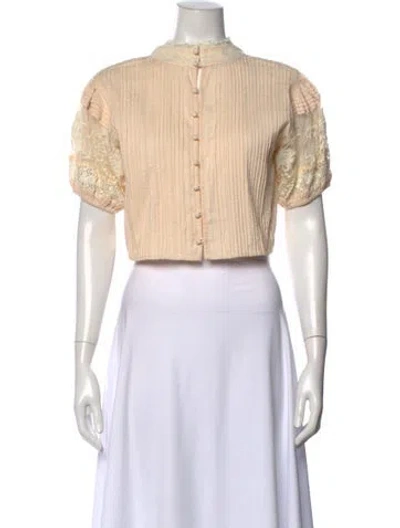 Pre-owned Loveshackfancy Floral Print Short Sleeve Blouse In Neutrals