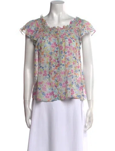 Pre-owned Loveshackfancy Floral Print Square Neckline Blouse In Blue