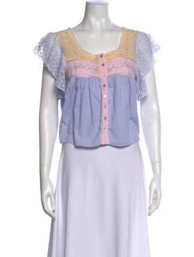 Pre-owned Loveshackfancy Floral Print Square Neckline Blouse In Blue