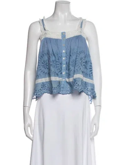 Pre-owned Loveshackfancy Floral Print Square Neckline Blouse In Blue