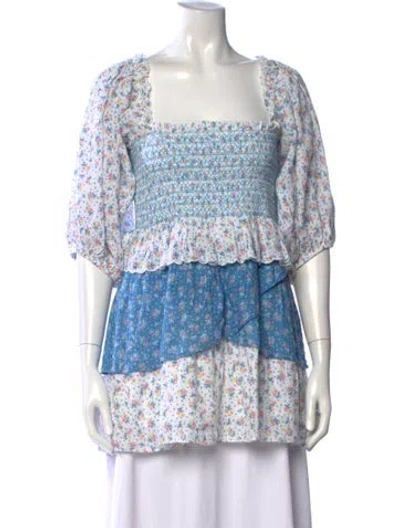 Pre-owned Loveshackfancy Floral Print Square Neckline Blouse In Blue