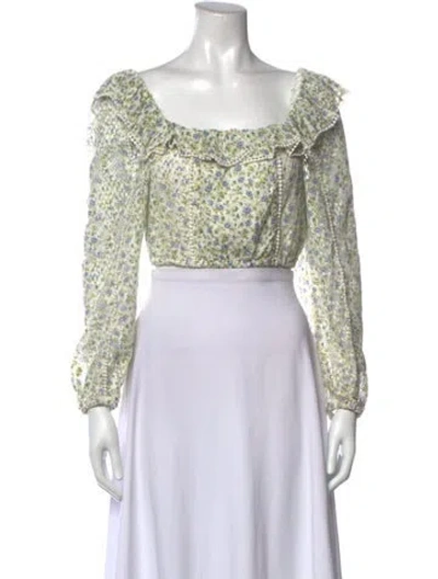 Pre-owned Loveshackfancy Floral Print Square Neckline Blouse In Green