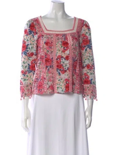 Pre-owned Loveshackfancy Floral Print Square Neckline Blouse In Pink