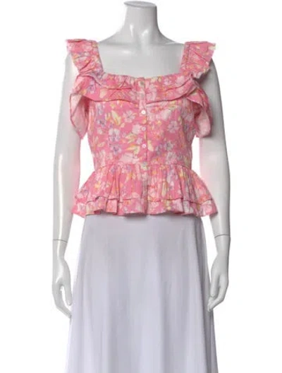 Pre-owned Loveshackfancy Floral Print Square Neckline Blouse In Pink