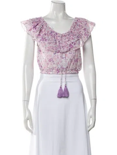 Pre-owned Loveshackfancy Floral Print Square Neckline Blouse In Purple