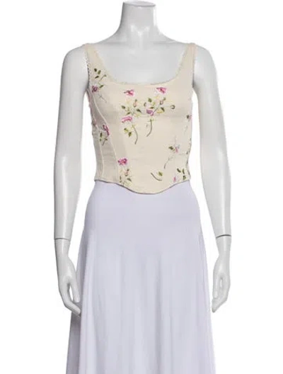 Pre-owned Loveshackfancy Floral Print Square Neckline Blouse W/ Tags In Neutrals