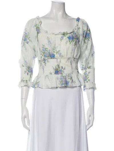 Pre-owned Loveshackfancy Floral Print Square Neckline Blouse In White