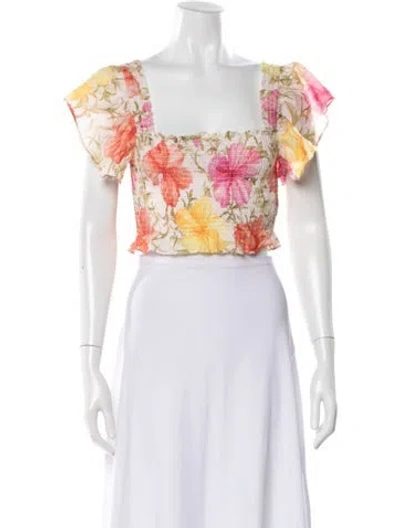 Pre-owned Loveshackfancy Floral Print Square Neckline Blouse In White
